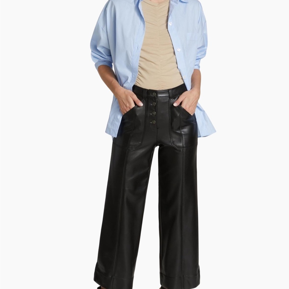 Cinq a Sept Black faux leather cropped wide leg pants.